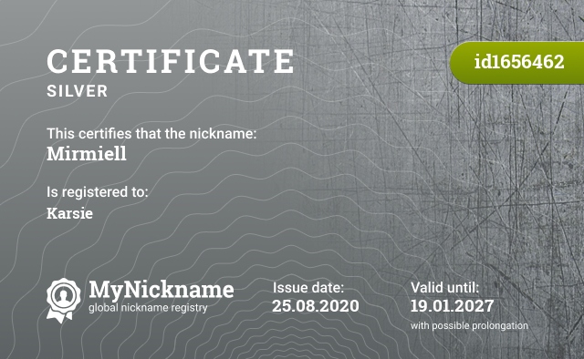 Certificate for nickname Mirmiell, registered to: Karsie