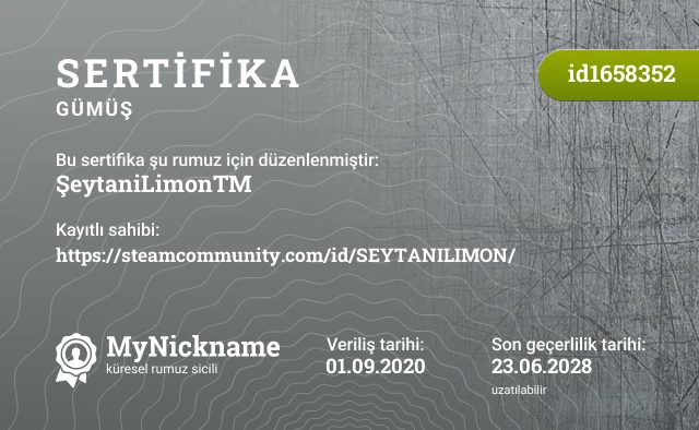 ŞeytaniLimon™ rumuzu için sertifika, kayıtlı sahibi: https://steamcommunity.com/id/SEYTANILIMON/