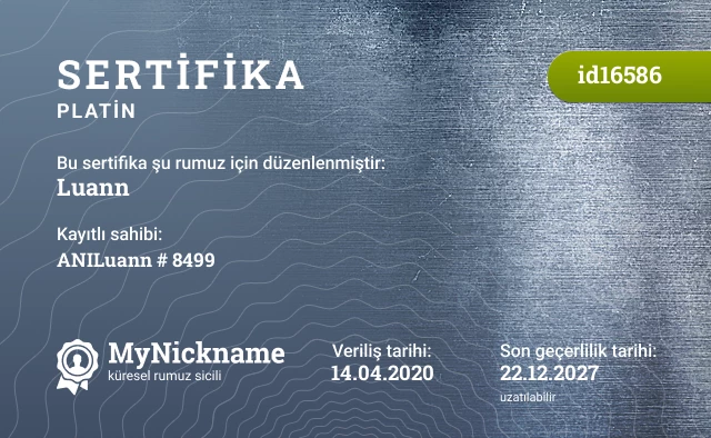 Luann rumuzu için sertifika, kayıtlı sahibi: ANILuann # 8499