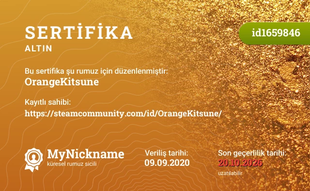 OrangeKitsune rumuzu için sertifika, kayıtlı sahibi: https://steamcommunity.com/id/OrangeKitsune/