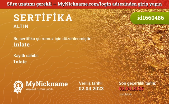 1nlate rumuzu için sertifika, kayıtlı sahibi: 1nlate
