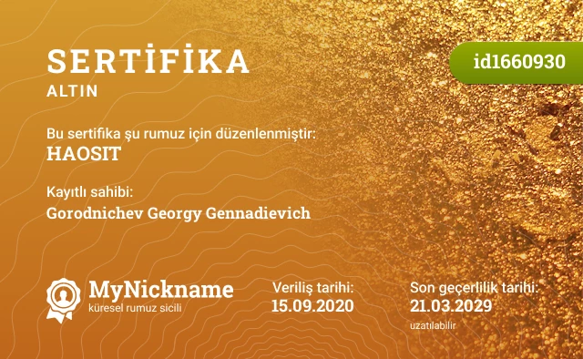 HAOSIT rumuzu için sertifika, kayıtlı sahibi: Gorodnichev Georgy Gennadievich