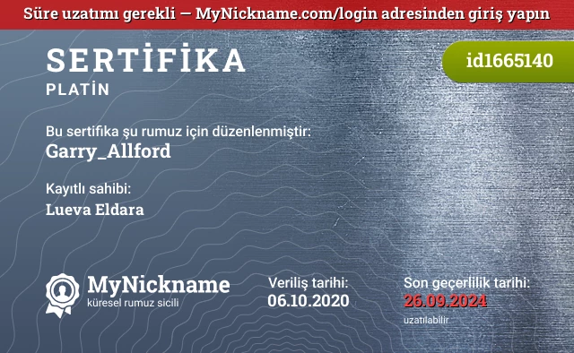 Garry_Allford rumuzu için sertifika, kayıtlı sahibi: Lueva Eldara