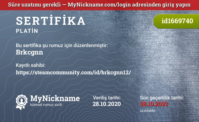 Brkcgnn rumuzu için sertifika, kayıtlı sahibi: https://steamcommunity.com/id/brkcgnn12/