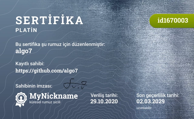 algo7 rumuzu için sertifika, kayıtlı sahibi: https://github.com/algo7