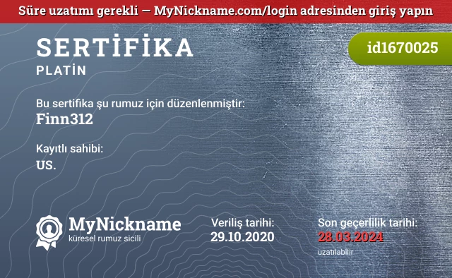 Finn312 rumuzu için sertifika, kayıtlı sahibi: US.
