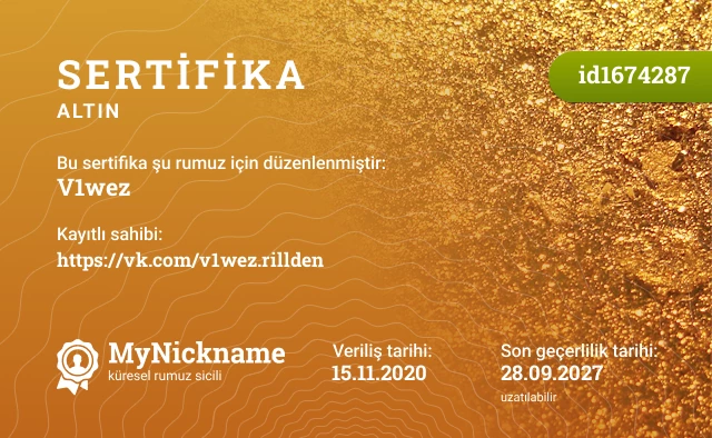 V1wez rumuzu için sertifika, kayıtlı sahibi: https://vk.com/v1wez.rillden