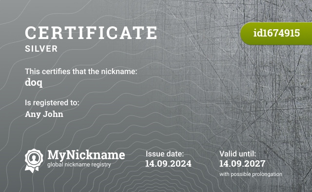 Certificate for nickname doq, registered to: Any John