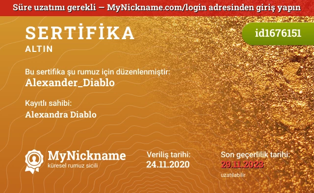 Alexander_Diablo rumuzu için sertifika, kayıtlı sahibi: Alexandra Diablo
