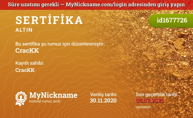 CracKK rumuzu için sertifika, kayıtlı sahibi: CracKK