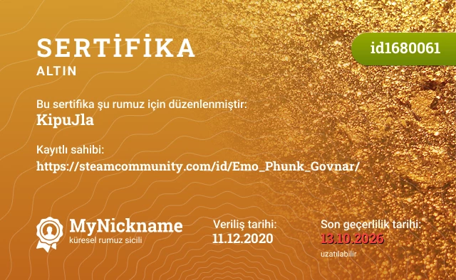 KipuJla rumuzu için sertifika, kayıtlı sahibi: https://steamcommunity.com/id/Emo_Phunk_Govnar/