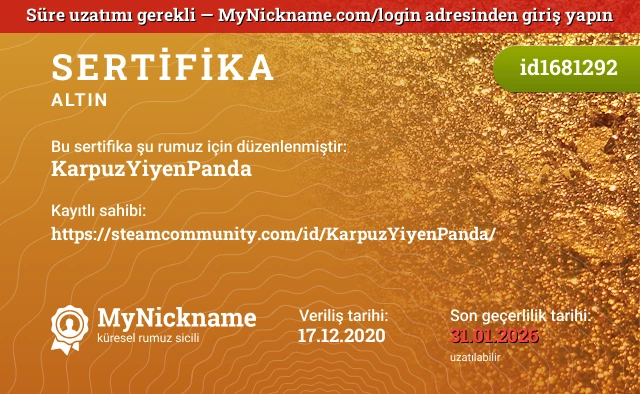 KarpuzYiyenPanda rumuzu için sertifika, kayıtlı sahibi: https://steamcommunity.com/id/KarpuzYiyenPanda/