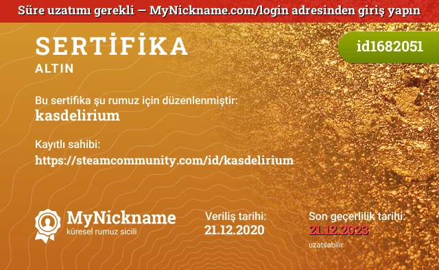 kasdelirium rumuzu için sertifika, kayıtlı sahibi: https://steamcommunity.com/id/kasdelirium