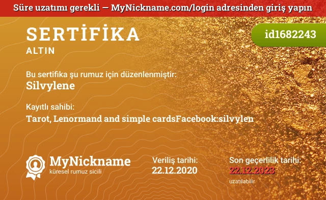 Silvylene rumuzu için sertifika, kayıtlı sahibi: Tarot, Lenormand and simple cardsFacebook:silvylen