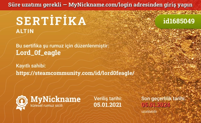Lord_0f_eagle rumuzu için sertifika, kayıtlı sahibi: https://steamcommunity.com/id/lord0feagle/