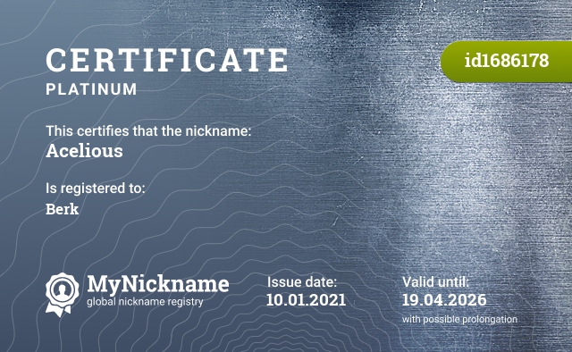 Certificate for nickname Acelious, registered to: Berk
