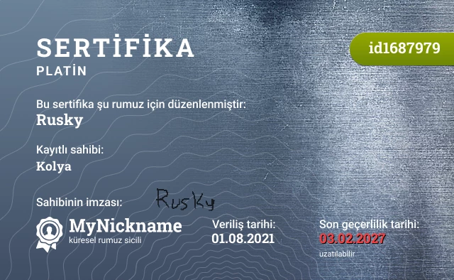 Rusky rumuzu için sertifika, kayıtlı sahibi: Kolya