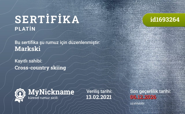 Markski rumuzu için sertifika, kayıtlı sahibi: Cross-country skiing