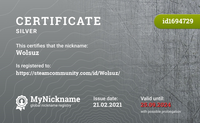 Certificate for nickname Wolsuz, registered to: https://steamcommunity.com/id/Wolsuz/