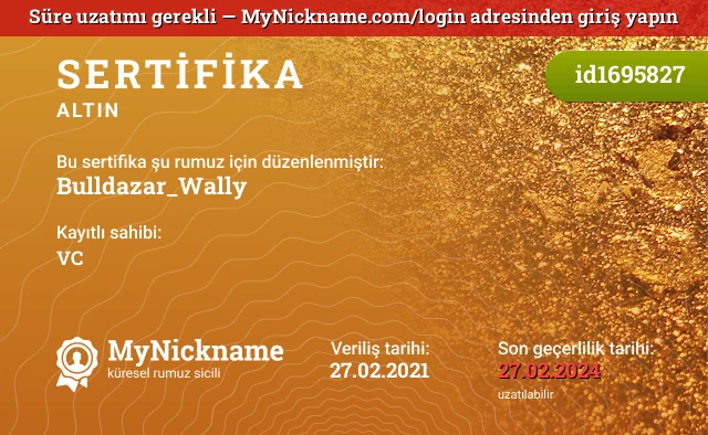Bulldazar_Wally rumuzu için sertifika, kayıtlı sahibi: VC