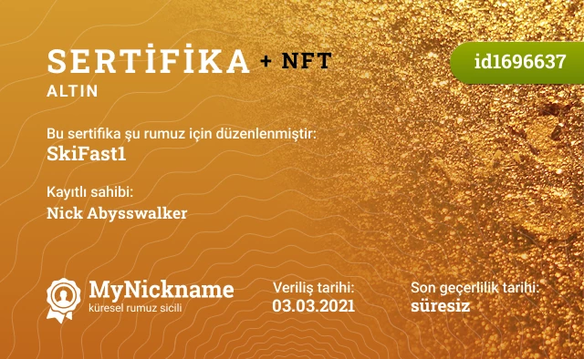 SkiFast1 rumuzu için sertifika, kayıtlı sahibi: Nick Abysswalker