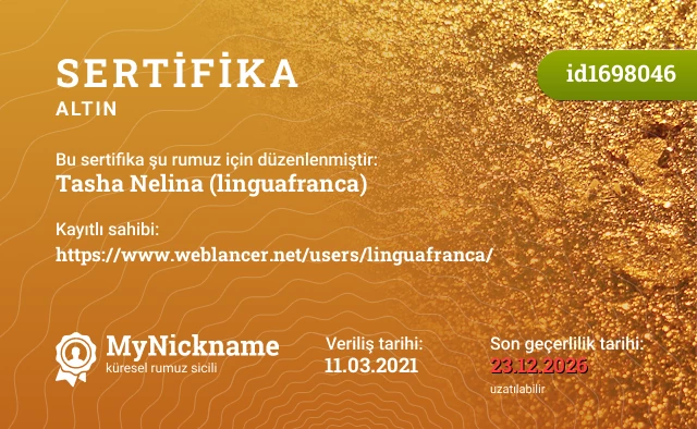 Tasha Nelina (linguafranca) rumuzu için sertifika, kayıtlı sahibi: https://www.weblancer.net/users/linguafranca/