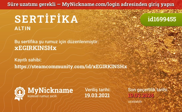 xEGIRKINSHx rumuzu için sertifika, kayıtlı sahibi: https://steamcommunity.com/id/xEGIRKINSHx