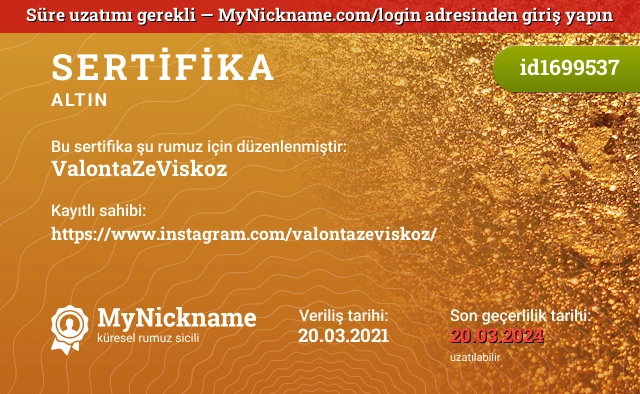 ValontaZeViskoz rumuzu için sertifika, kayıtlı sahibi: https://www.instagram.com/valontazeviskoz/