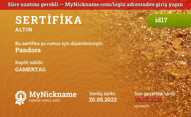 Pandora rumuzu için sertifika, kayıtlı sahibi: GAMERTAG