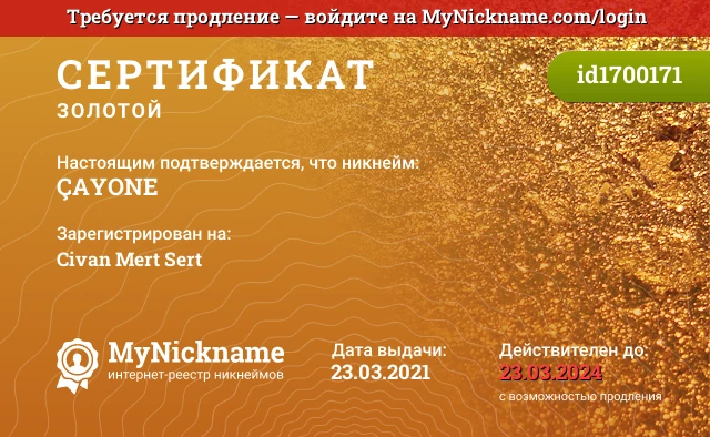 Сертификат на никнейм ÇAYONE, зарегистрирован на Civan Mert Sert
