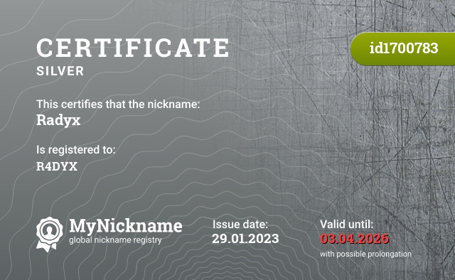 Certificate for nickname Radyx, registered to: R4DYX