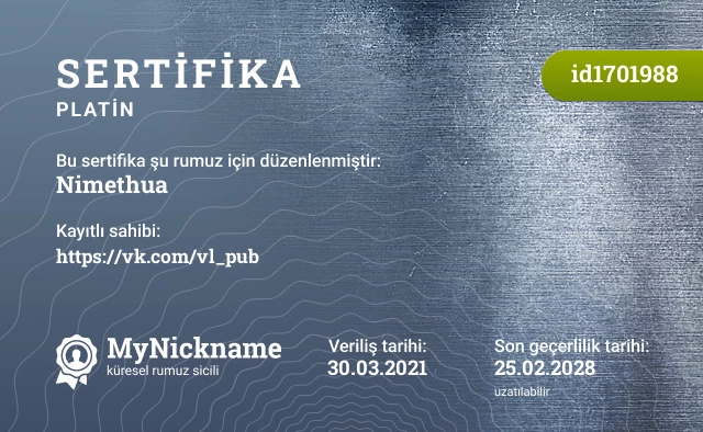 Nimethua rumuzu için sertifika, kayıtlı sahibi: https://vk.com/vl_pub
