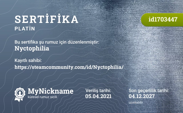 Nyctophilia rumuzu için sertifika, kayıtlı sahibi: https://steamcommunity.com/id/Nyctophilia/