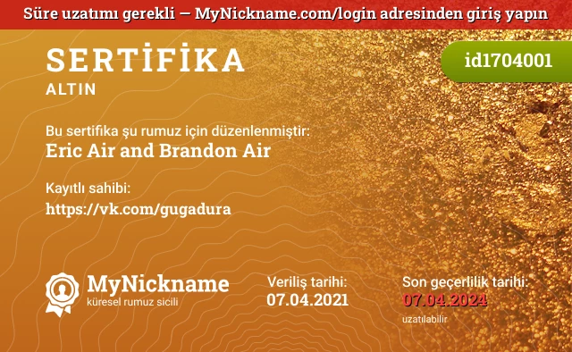 Eric Air and Brandon Air rumuzu için sertifika, kayıtlı sahibi: https://vk.com/gugadura