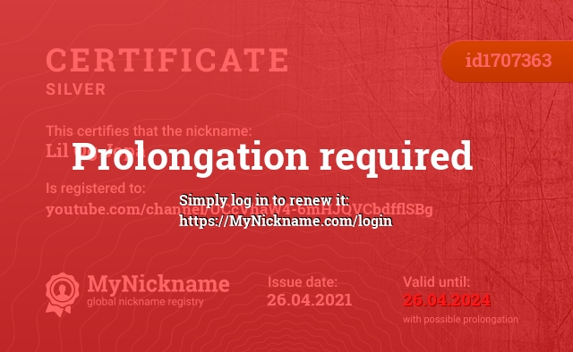Certificate for nickname Lil Og Jopa, registered to: youtube.com/channel/UCcVhaW4-6mHJQVCbdfflSBg