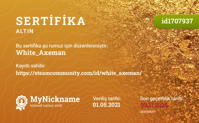 White_Axeman rumuzu için sertifika, kayıtlı sahibi: https://steamcommunity.com/id/white_axeman/