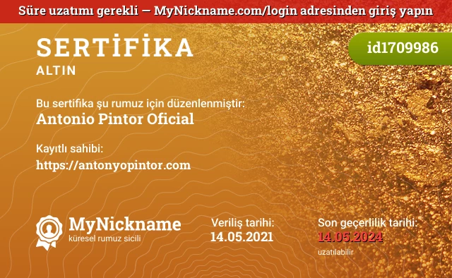 Antonio Pintor Oficial rumuzu için sertifika, kayıtlı sahibi: https://antonyopintor.com