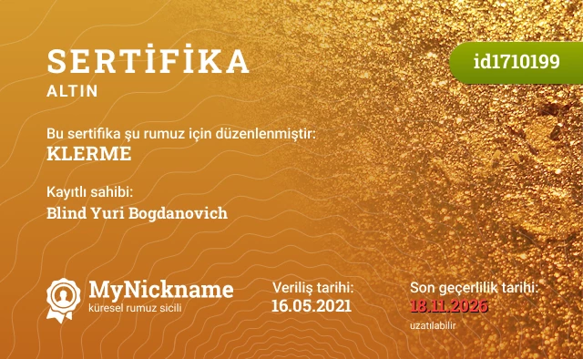 KLERME rumuzu için sertifika, kayıtlı sahibi: Blind Yuri Bogdanovich