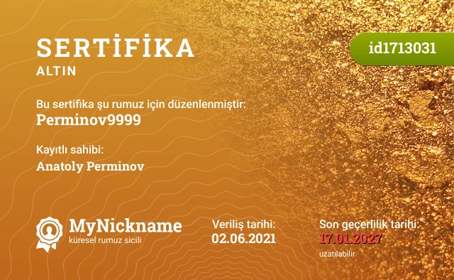 Perminov9999 rumuzu için sertifika, kayıtlı sahibi: Anatoly Perminov