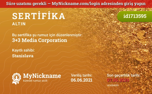 3+3 Media Corporation rumuzu için sertifika, kayıtlı sahibi: Stanislava