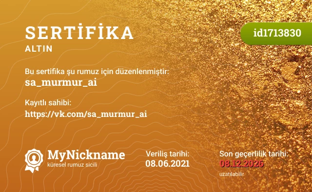 sa_murmur_ai rumuzu için sertifika, kayıtlı sahibi: https://vk.com/sa_murmur_ai