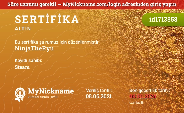 NinjaTheRyu rumuzu için sertifika, kayıtlı sahibi: Steam
