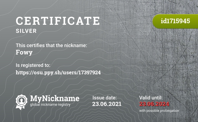 Certificate for nickname Fowy, registered to: https://osu.ppy.sh/users/17397924