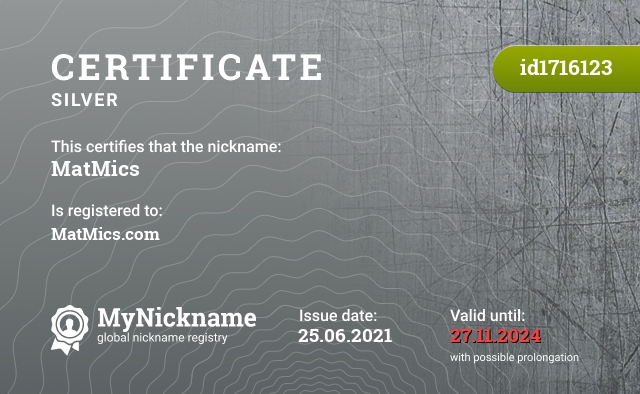 Certificate for nickname MatMics, registered to: MatMics.com