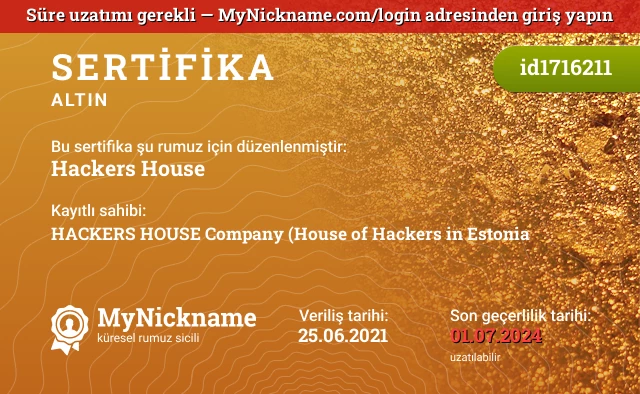 Hackers House rumuzu için sertifika, kayıtlı sahibi: HACKERS HOUSE Company (House of Hackers in Estonia
