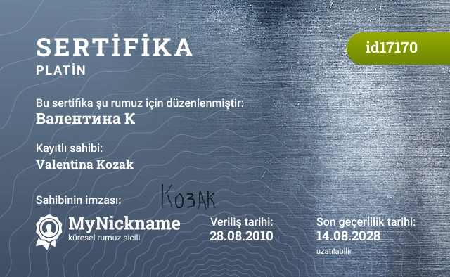 Валентина К rumuzu için sertifika, kayıtlı sahibi: Valentina Kozak