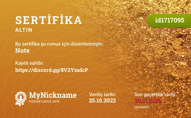 Note rumuzu için sertifika, kayıtlı sahibi: https://discord.gg/8V2YmdcP