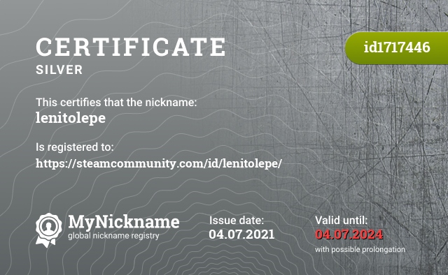 Certificate for nickname lenitolepe, registered to: https://steamcommunity.com/id/lenitolepe/