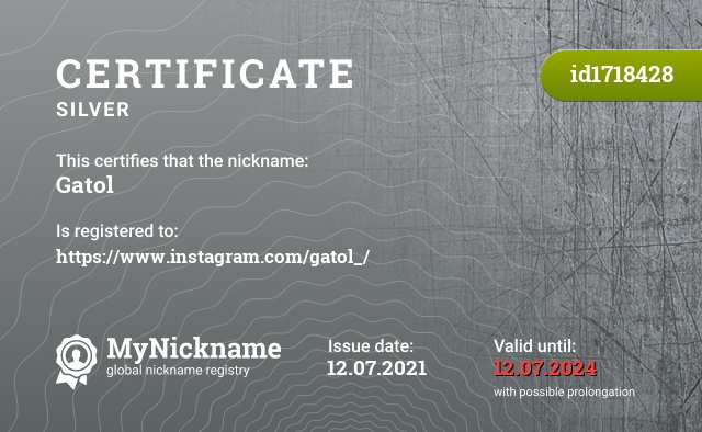 Certificate for nickname Gatol, registered to: https://www.instagram.com/gatol_/