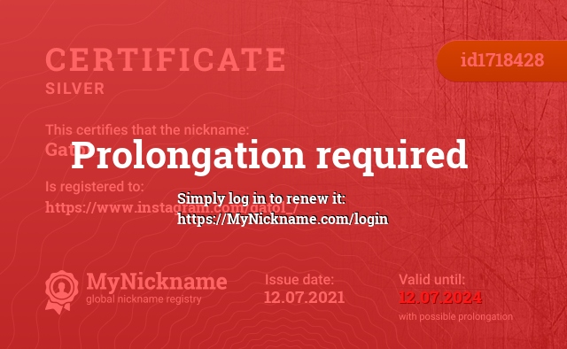 Certificate for nickname Gatol, registered to: https://www.instagram.com/gatol_/